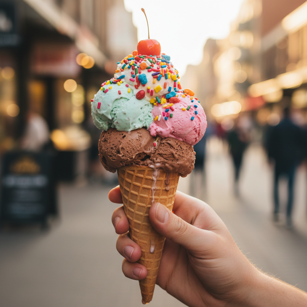 IJsco hoorntje met 5 verschillende smaken ijsbollen en sprinkles