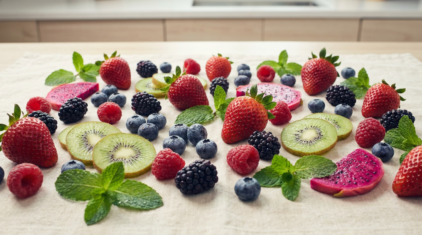 Tafel met daarop vers gesneden fruit dat in ons ijs gebruikt wordt